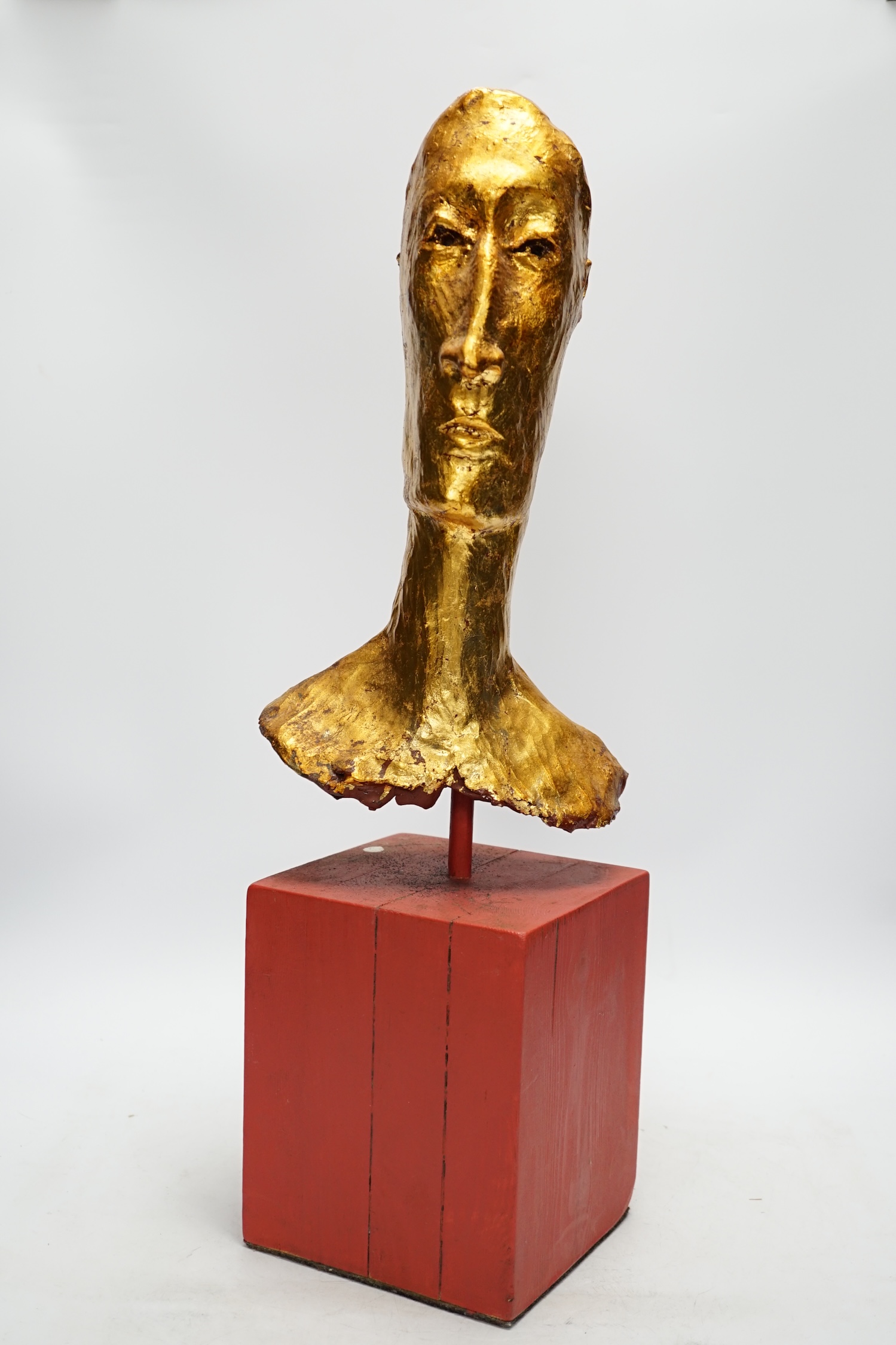 Simon Toone (b.1967), a gilt plaster model of a gentleman’s head on wooden stand, 57cm total